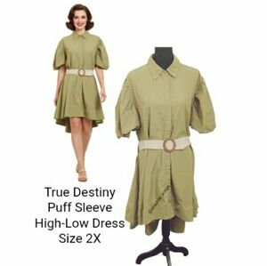 True Destiny Puff Sleeve High Low Dress with Woven Belt - Sz 2X Dark Khaki Dress